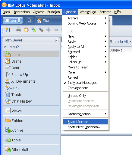 Men�eintrag 'Spam l�schen' in Lotus Notes